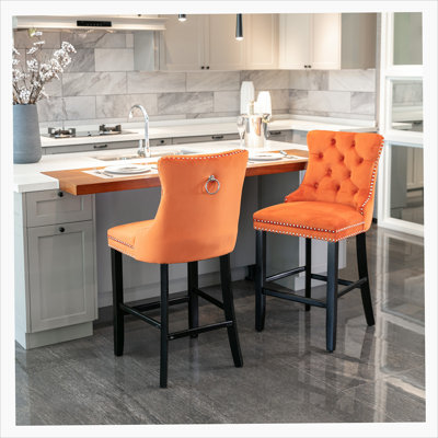 Contemporary Velvet Upholstered Barstools with Button Tufted Decoration and Wooden Legs, and Chrome Nailhead Trim, Leisure Style Bar Chairs,Bar stools, Set of 2 (Orange),SW2002OG