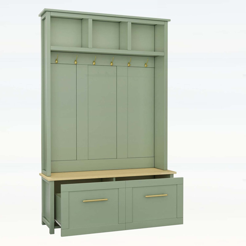 Space-Saving Hall Tree with Bench, 6 Hooks and Storage Drawers for Organized Entryways, Mint Green/Natural