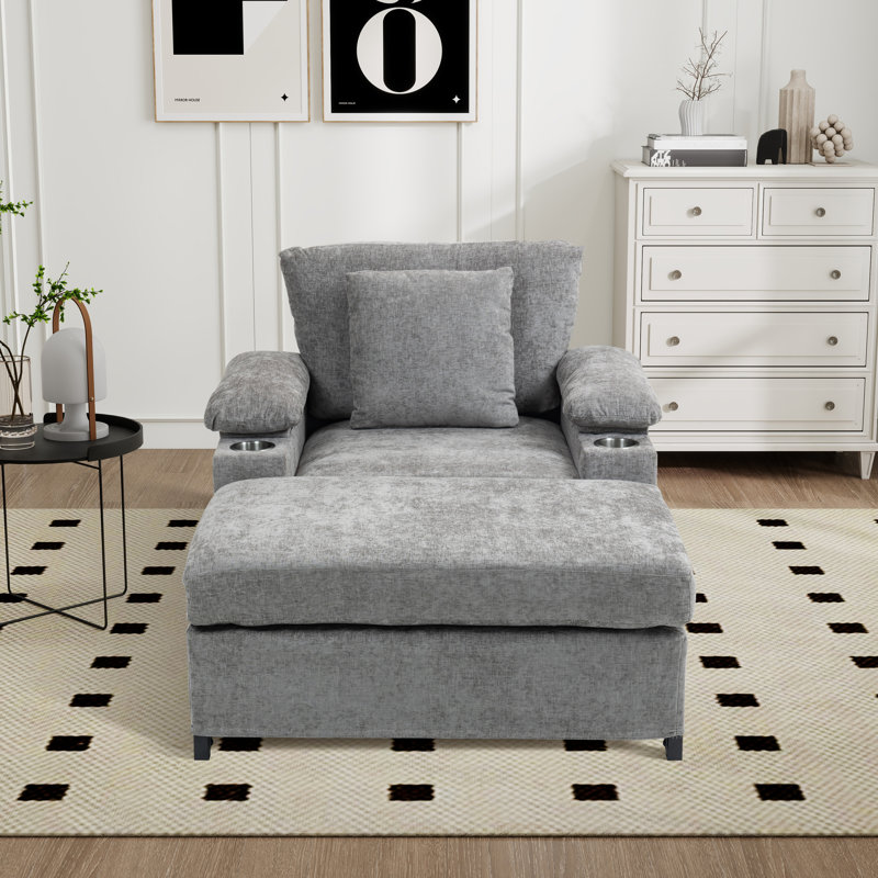Fauteuil d'appoint surdimensionné en chenille avec repose-pieds, Chenille grise