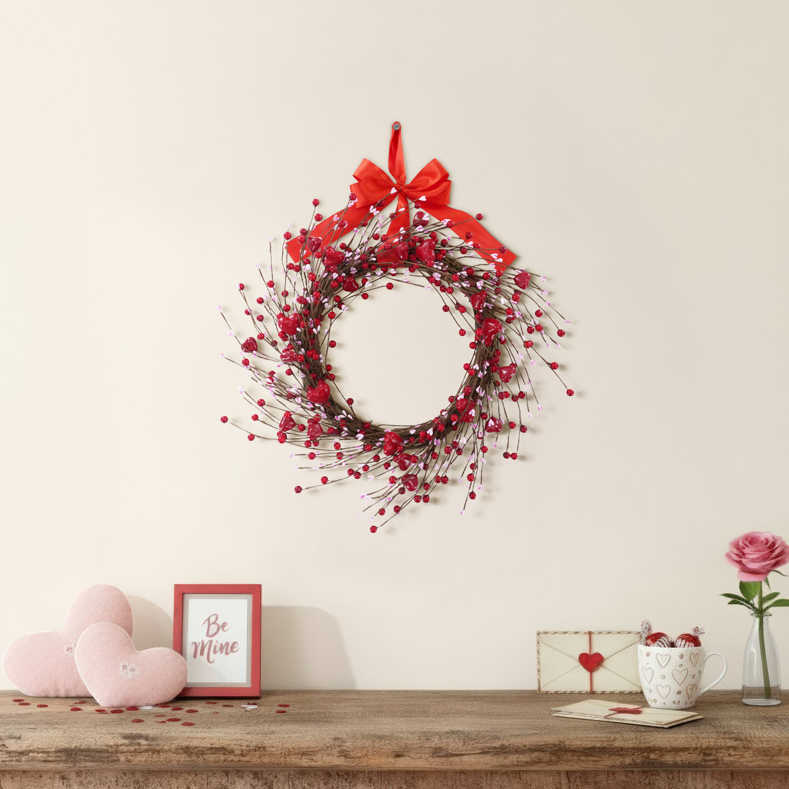 20" Red Bow Heart Valentine's Day Wreath