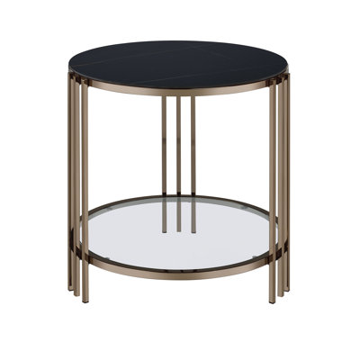 Abisha End Table, Sintered Stone & Champagne Finish - Sintered Stone/Metal-Three Leg