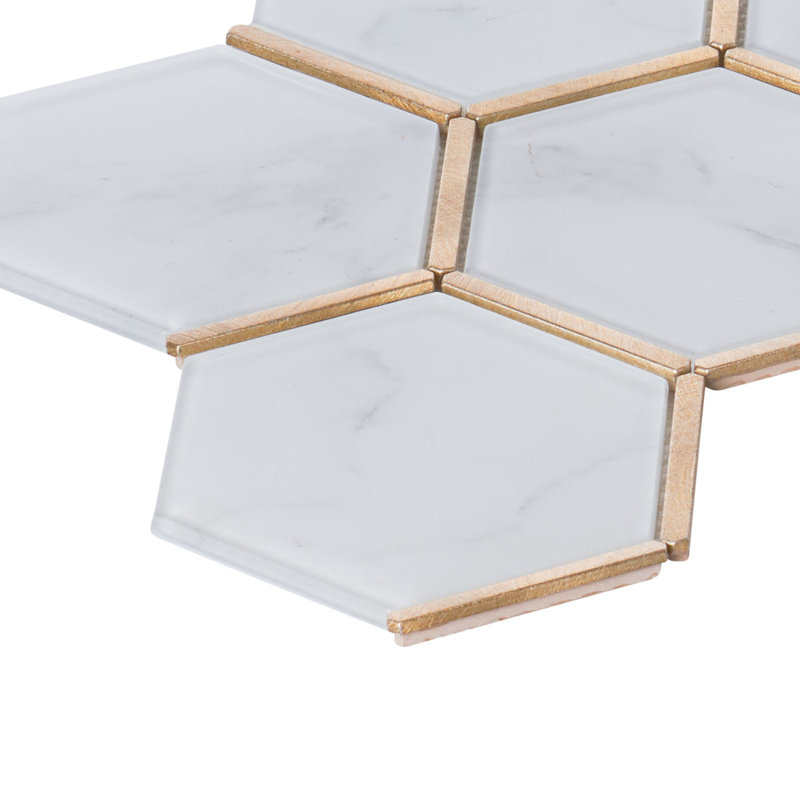 Super White Calacatta Color Crystal Glass Gold Metal Trim Hexagon Mosaic Sheet Tile By Modket