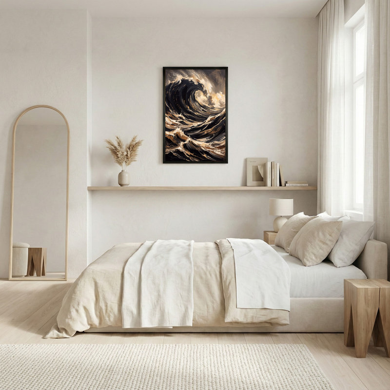Art mural sur toile de style empâtement abstrait noir beige et blanc, H 36 po x l 24 po