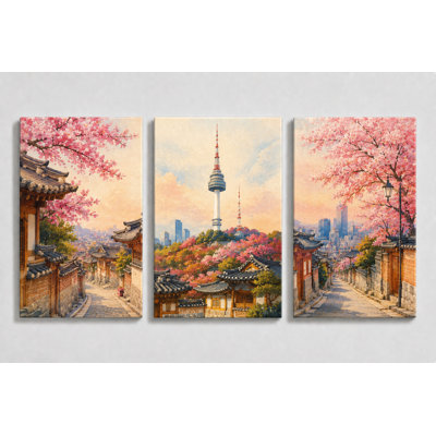 Grand ensemble de 3 fleurs de cerisier coréen, paysage urbain de Séoul, impressions sur toile pour chambre à coucher, impression sur toile 16 x 24 pouces - prête à être accrochée