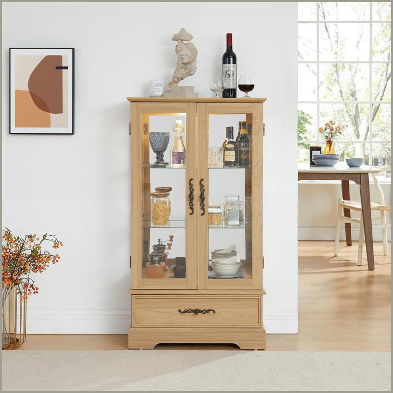 Curio Display Cabinet, American Retro Lighted Glass Cabinet with Adjustable Shelves, 2 Doors &amp; 1 Drawer | Oak, Oak