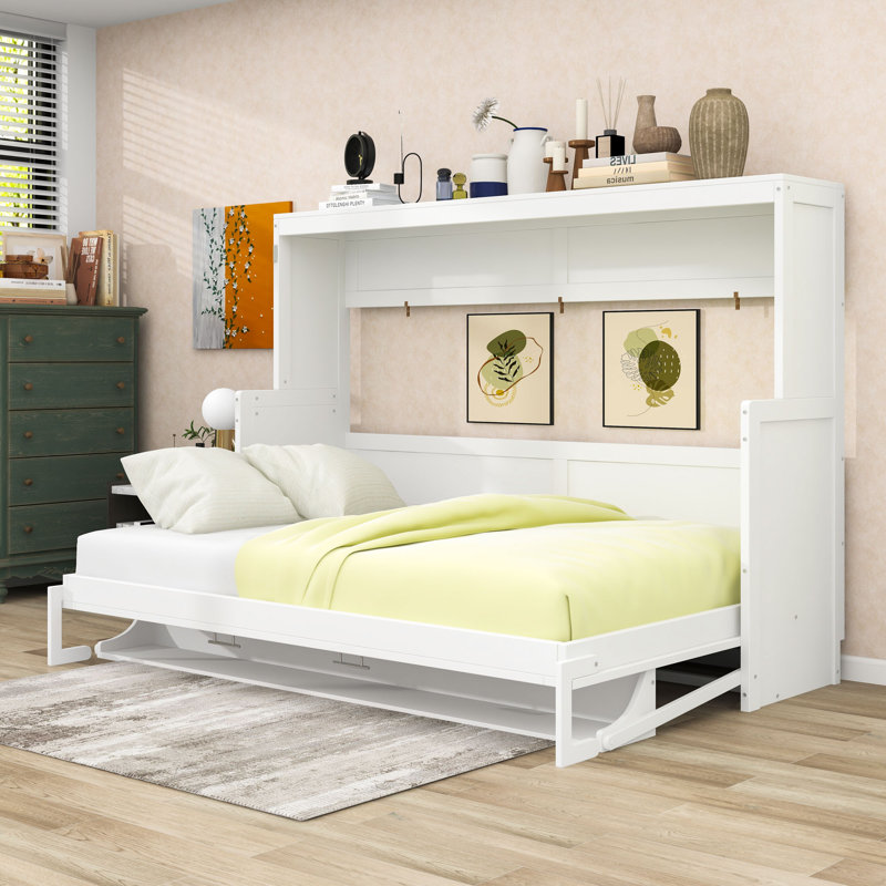 Lit escamotable mural avec tablettes, Blanc, Grand