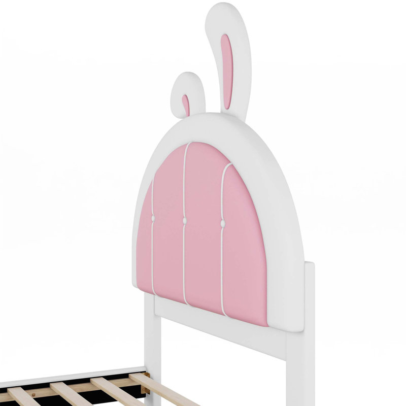 Lit plateforme simple tapissier avec tête de lit en forme de lapin, Blanc