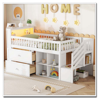 Lit de rangement en bois avec lumières DEL, tiroirs, bibliothèque