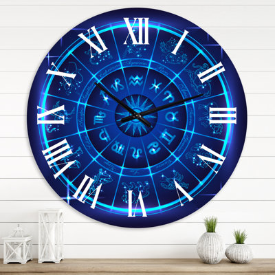 Horoscope néon bleu profond avec signes du zodiaque - horloge murale moderne