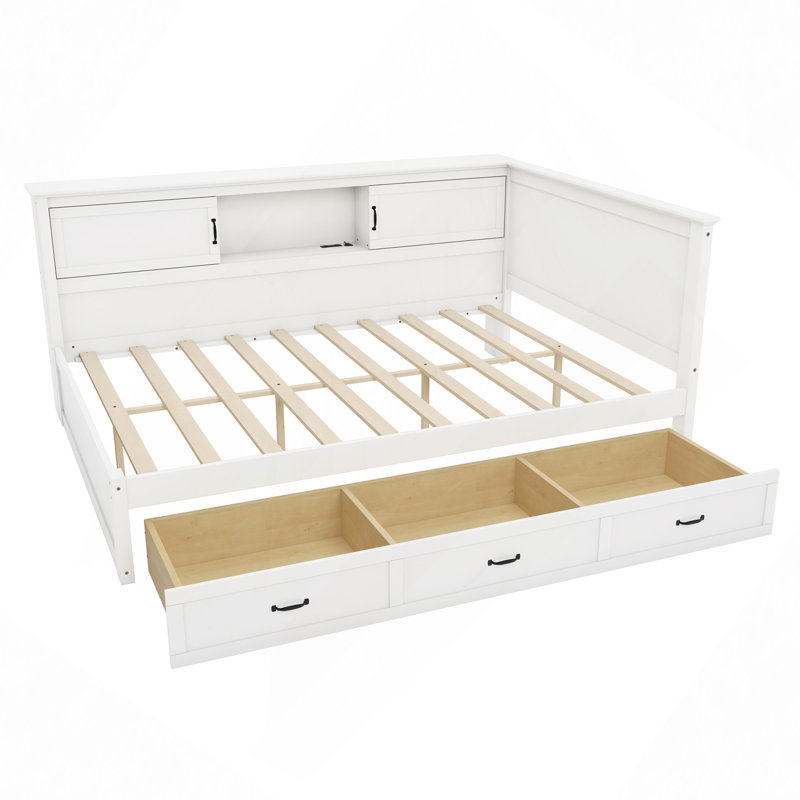 L-Shaped Bed Frame With Drawer And And Bookcase,Corner Bed Wooden Captain Bed With Led Downlight And USB Port For Small Room,Bedroom, Guest Room
