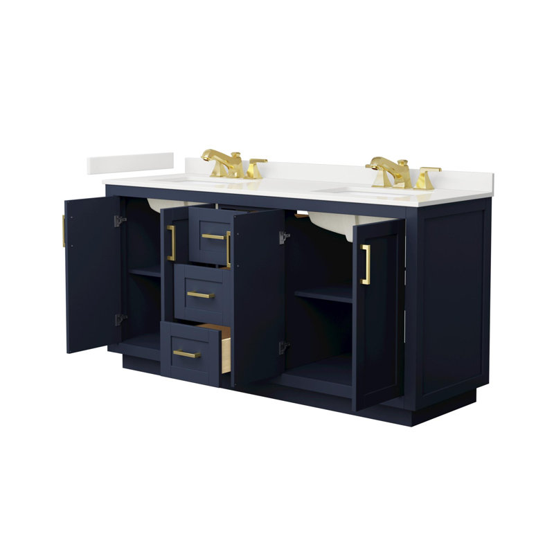 Meuble-lavabo double autoportant de 66 po avec plateau en quartz Miranda, Bleu très foncé, Quartz blanc, Or brossé