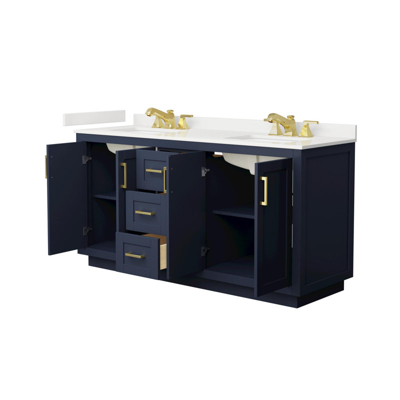 Miranda 66" Freestanding Double Bathroom Vanity with Quartz Top, Dark Blue, White Quartz, Brushed Gold