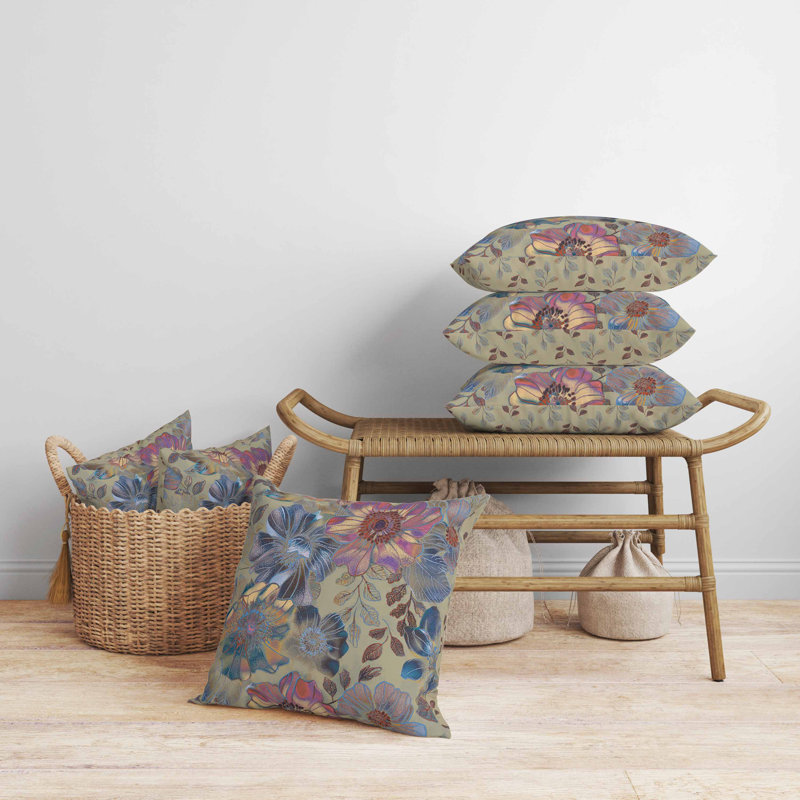 Coussin Painted Petalscape, Carré 20 po, Vert / Beige / Mauve