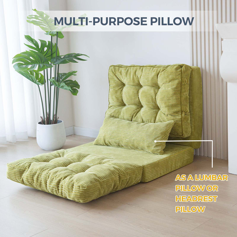 Corduroy Bean Bag Chair Tufted Folding Sofa Bed with Pillows, 4.7" H x 30" W x 91" D, Green Corduroy