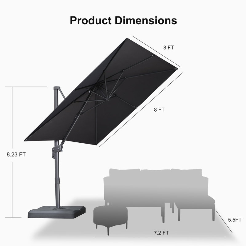 Parasol extérieur en porte-à-faux 96 po Arlmont & Co. avec tissu recyclé et rotation à 360 degrés, 8 pi x 8 pi, Gris graphite