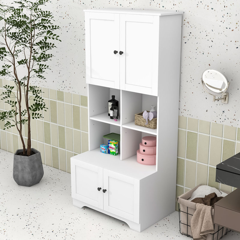 Keavin Wood Freestanding Bathroom Storage Cabinet with Adjustable Shelves and Multi-Layer Open Shelves, White