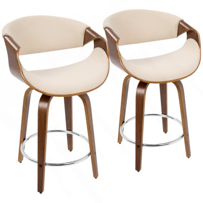 Curvini Mid-Century Modern Counter Stool In Walnut Wood And Cream Fabric By Lumisource - Set Of 2