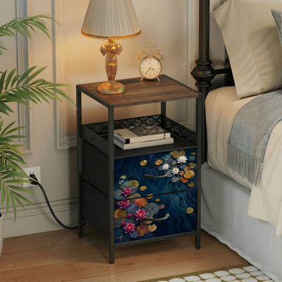 2 Drawers Nightstand with Charging Station, Bedroom Nightstand with USB Ports &amp; Outlets Open Shelf Black, night stand with Water Lily Pads White Pink Lotus Flowers Deep Blue Abstract Pond Print