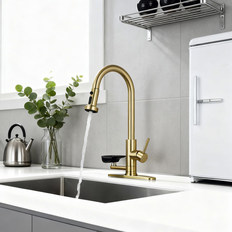 Kitchen Faucet with Glass Rinser, Pull Down Sink Faucet with 3 Spray Modes, Single Hole 2 in 1 High Arc Stainless Steel Kitchen Faucets Brushed Golden