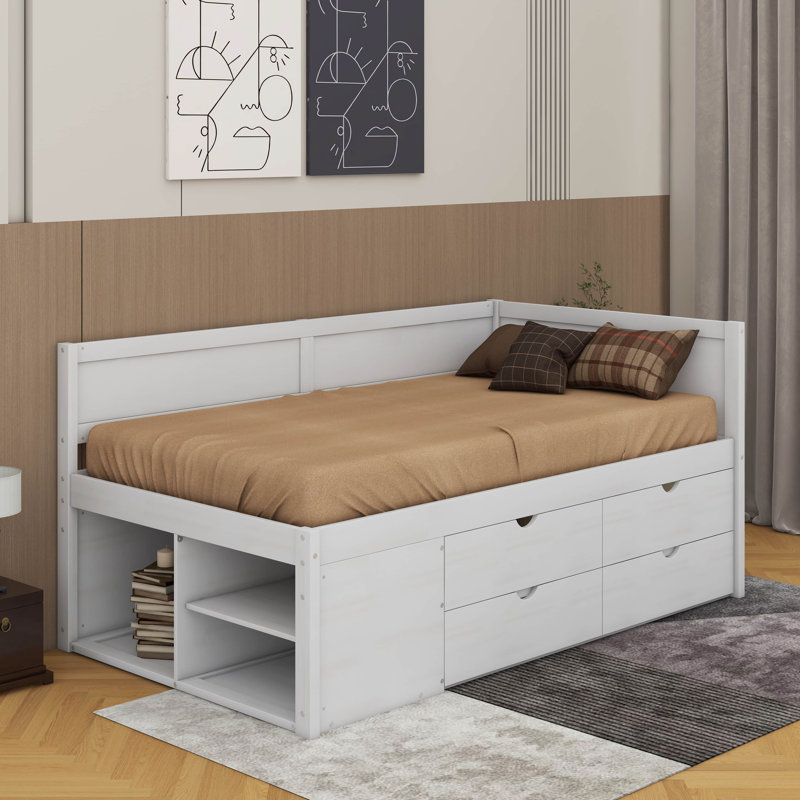 Lit de jour avec tiroirs et tablettes, Lit simple, Blanc