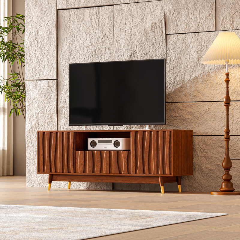 55'' Brown Walnut Finish TV Stand For 32/43/55 Inch TVs, Mid Century Modern Wood Media Console Entertainment Center With Drawer And 2 Cabinets For Living Room Bedroom
