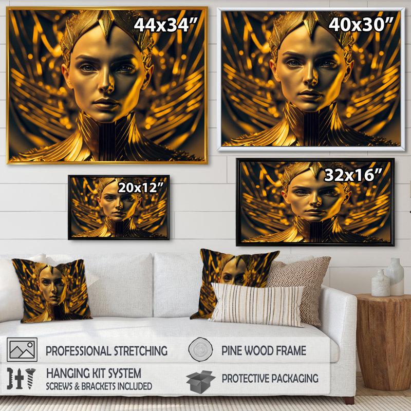 «Futuristic Golden Goddess II», reproduction sur toile, H 12 po x l 20 po x P 1 po, Cadre flottant noir