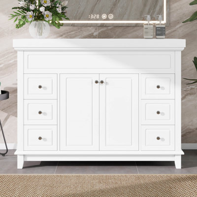 Meuble-lavabo 48 po avec lavabo en résine, meuble-lavabo en bois massif avec 2 portes à fermeture douce et 6 tiroirs