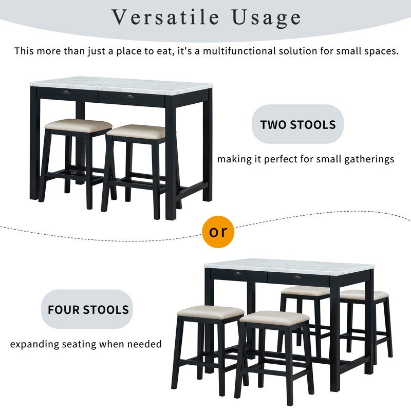 Modern Bar Dining Table Set With Storage Drawers And Padded Stools, Black