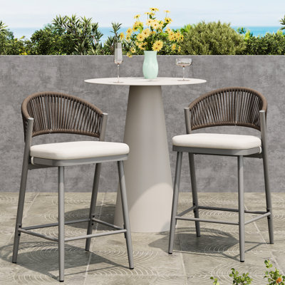 Outdoor Metal Frame Counter Stools With 26" Seat Height, Pe -shaped , Of 2 In Matte Grey - Modern Design, Rust , Water Cushion For Garden Style Height Frame, Seating