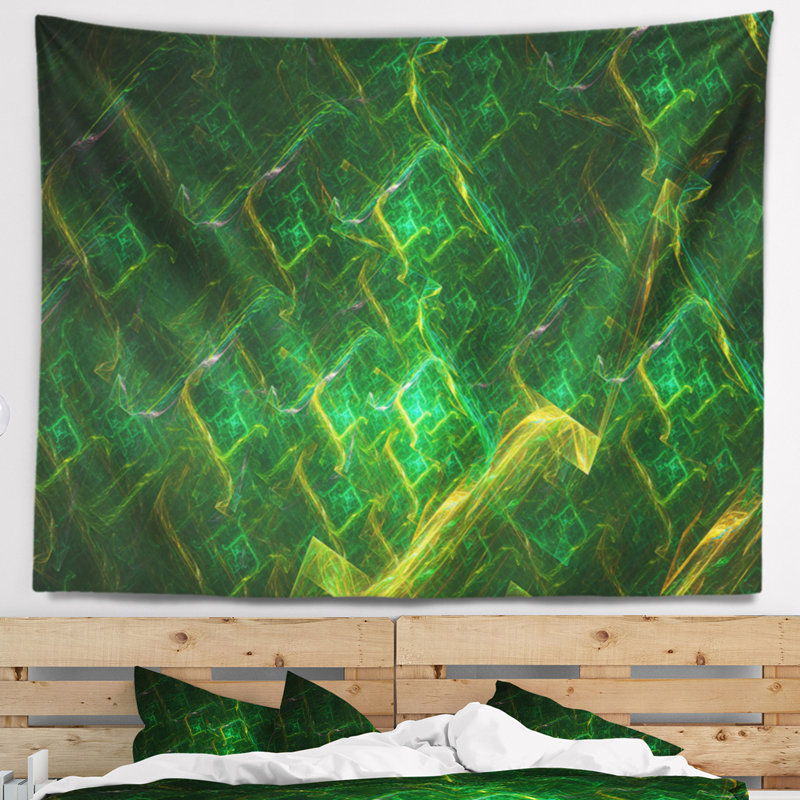 Tapisserie abstraite à motif fractal électrique vert, H 78 po x l 92 po