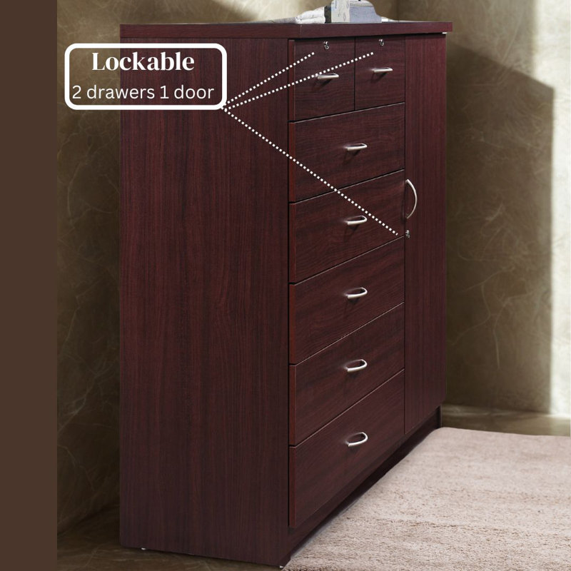 7-Drawer Dresser 47-inch Wide Wood Chest with 2-Locking Drawers, 1-Locking Door, 3-Shelves and Clothing Rod for Bedroom Storage