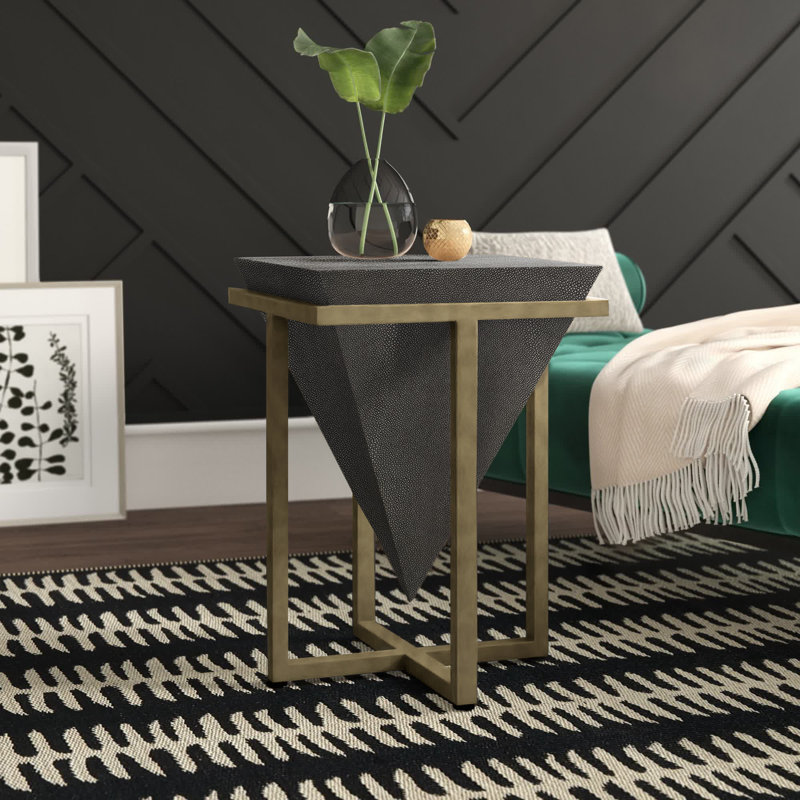 Sakcham Solid Wood Top End Table, Gray Faux Shagreen/Aged Gold