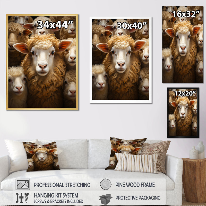 «Sheep Familly Harmony - Animals», reproduction sur toile, H 40 po x l 30 po x P 1,5 po, Encadrement doré