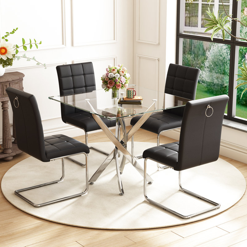 5- Piece Dining Table Set,Glass Top Metal Base Dining Tablewith 4 Faux Leather Dining Chairs, Silver, Black/Silver