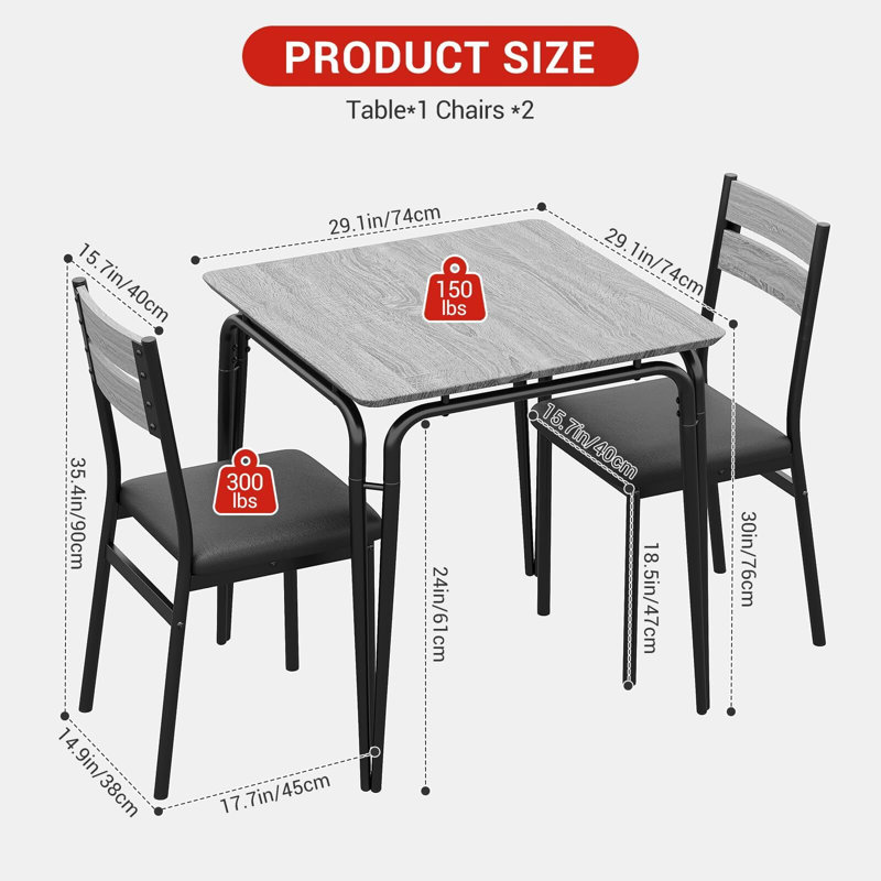 Table de salle à manger pour 2, ensemble de salle à manger carré 3 pièces - petite table et 2 chaises, ensemble de coin-repas compact pour la cuisine, un appartement ou un coin-repas, gris.