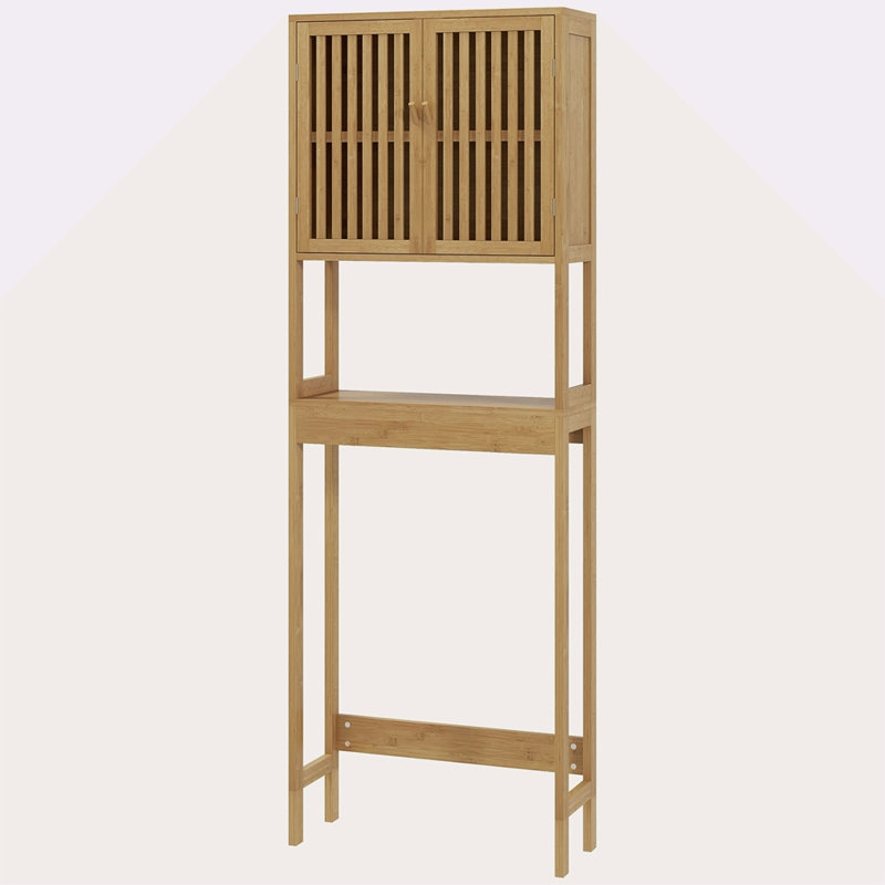 Armoire de rangement en bambou au-dessus de la toilette, organisateur de salle de bain au-dessus de la toilette avec portes à lattes, tablette réglable et tablette ouverte
