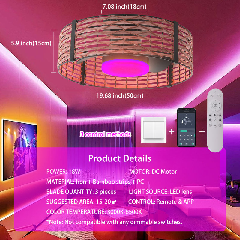 Aquila 20" Bamboo Rattan Farmhouse Caged LED Dimmable RGB Ceiling Fan With Light And Remote Control, Natural Wood
