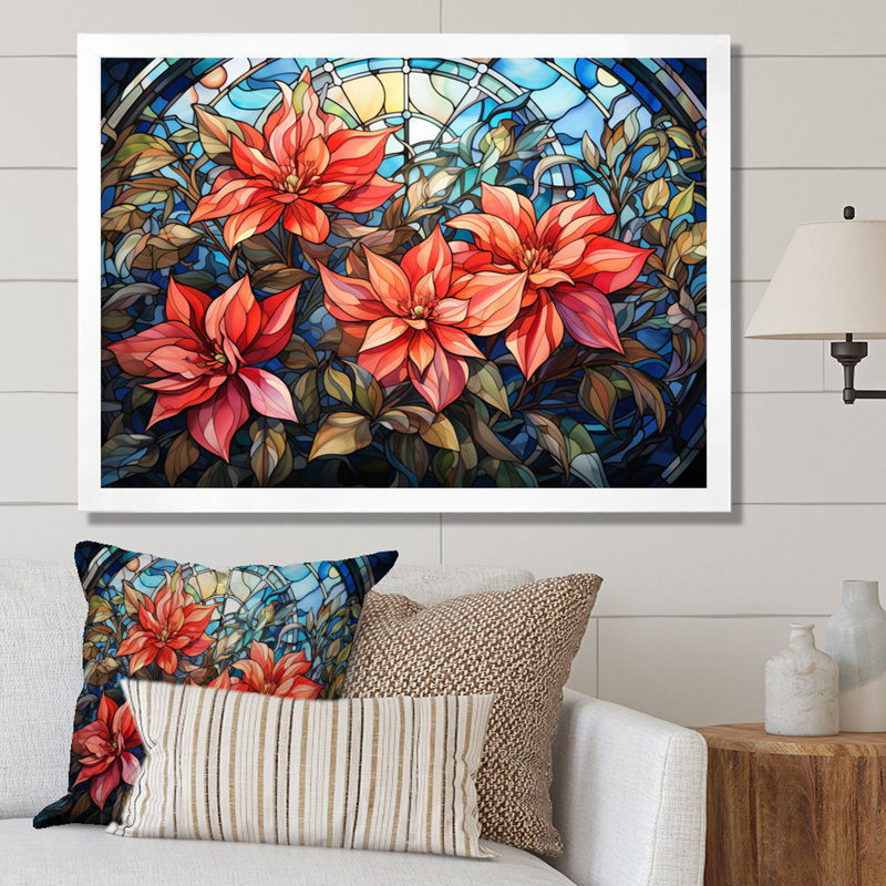 Vitrail poinsettia II - impression, H 34 po x l 44 po x P 1,5 po, Cadre simple blanc