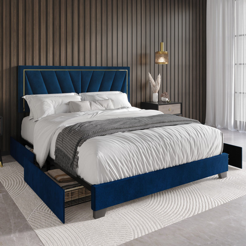 Lit plateforme tapissier avec rangement Jannean, Grand, Bleu