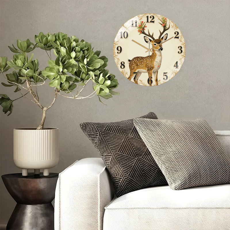Horloge murale rétro en forme de cerf avec motif floral - horloge murale moderne en verre 12 po