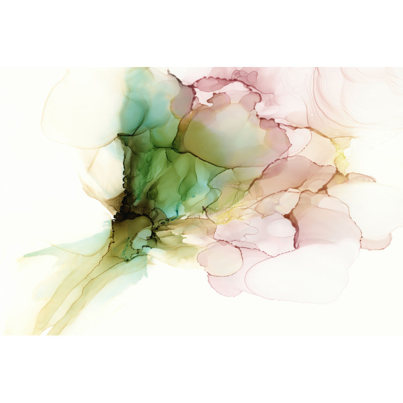 «Pink and Turquoise Bloom I» par Jennifer Goldberger - peinture sur toile tendue, H 12 po x l 18 po