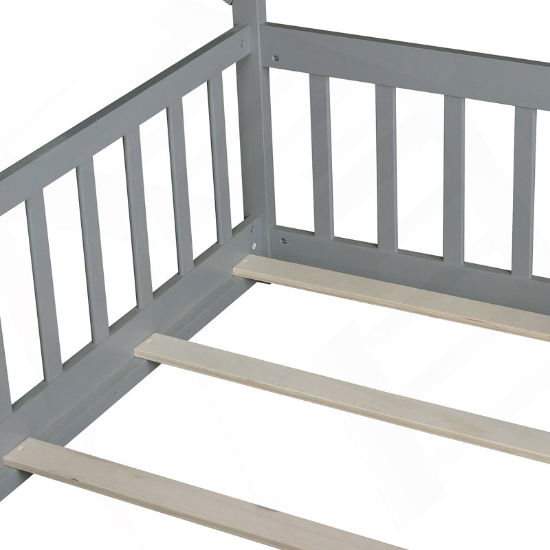 Lit de plancher en forme de tente avec garde-corps et lattes, gris