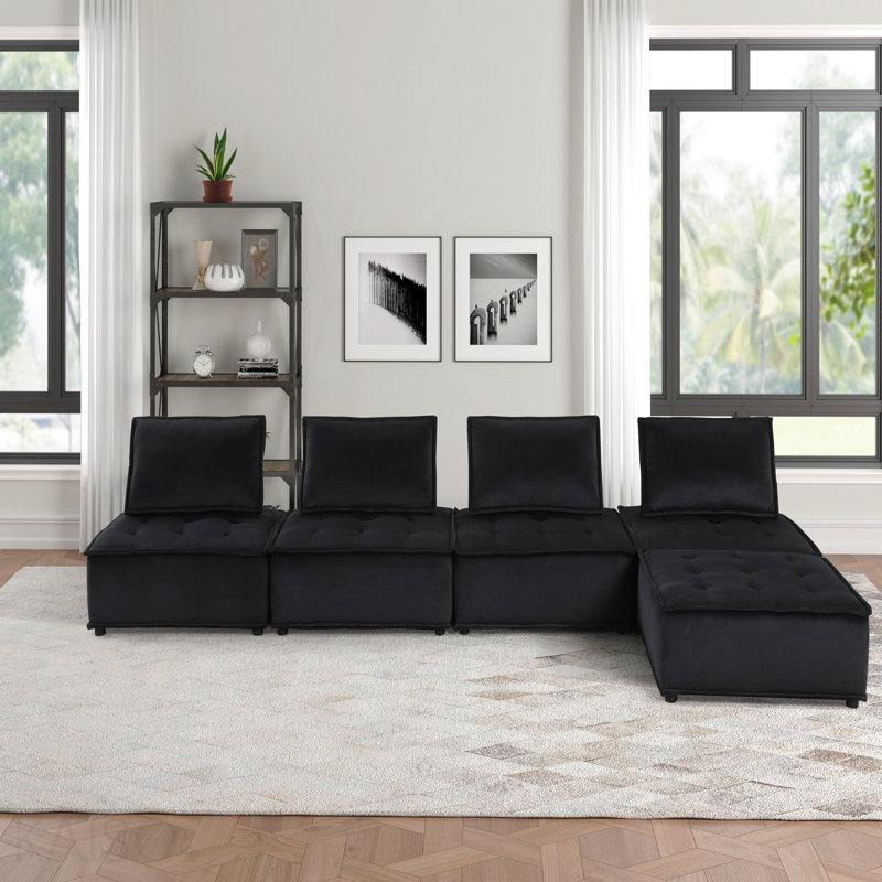 Basic Sectional Sofa, 160" Velvet 5 Pc  Sofa Ottoman