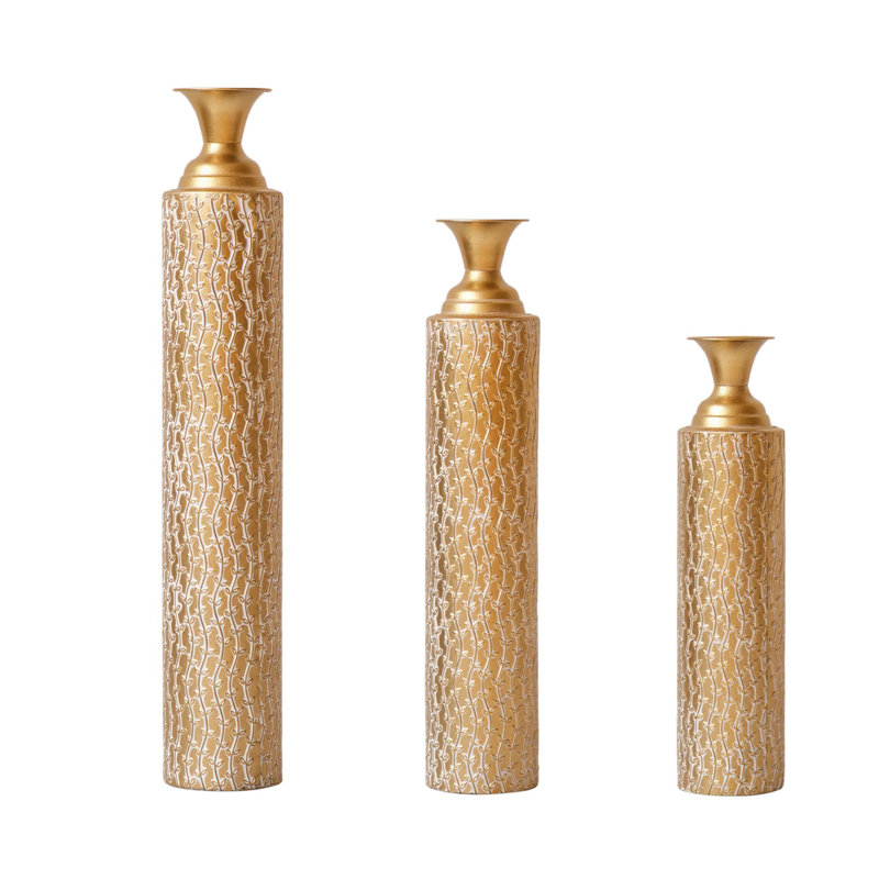 Set Of Three Distressed Metal Decorative Vases With Etched Vine Motifs, Tall Centerpiece Vases For Elegant Home Styling.