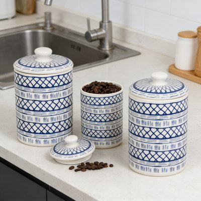 Airtight Kitchen Canister Set Of 3, Ceramic Storage Containers With Geometric Design For Flour, Sugar, Coffee, Tea, And Pantry Staples