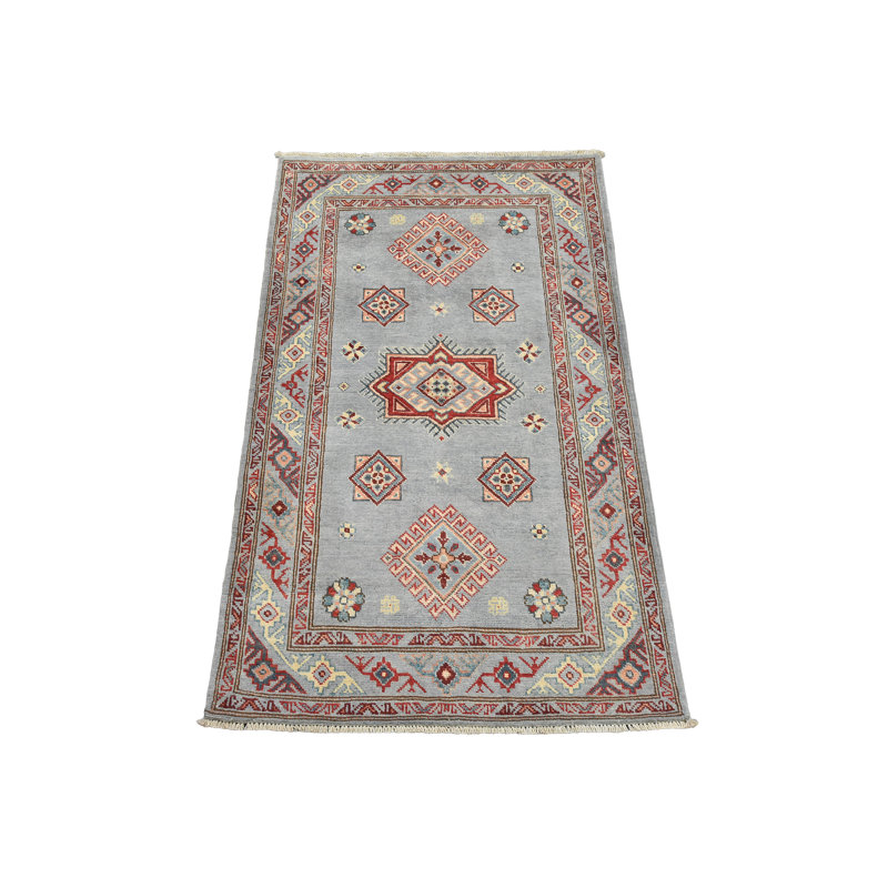 Tapis bleu en laine noué à la main de conception unique 2 pi 11 po x 4 pi 10 po
