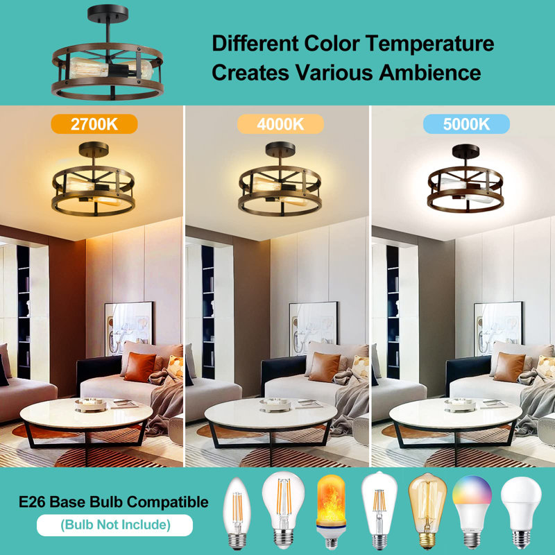 Imitation Wooden Semi Flush Mount Ceiling Light Fixture