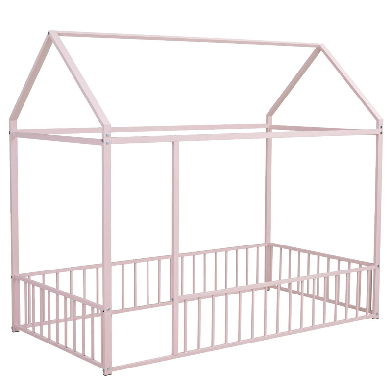 Structure de lit simple en métal avec clôture, pour enfants, adolescents, filles, garçons, rose, Rose, Lit simple