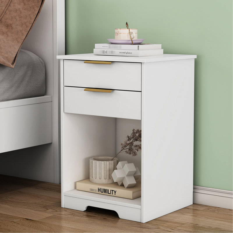 Table de chevet contemporaine blanche avec 2 tiroirs spacieux et un espace ouvert, poignées dorées, pour le rangement de décor de chambre à coucher, design
