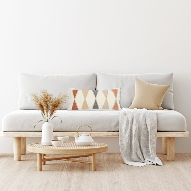 Coussin en coton avec broderie et frange, Beige / gris / orange / crème
